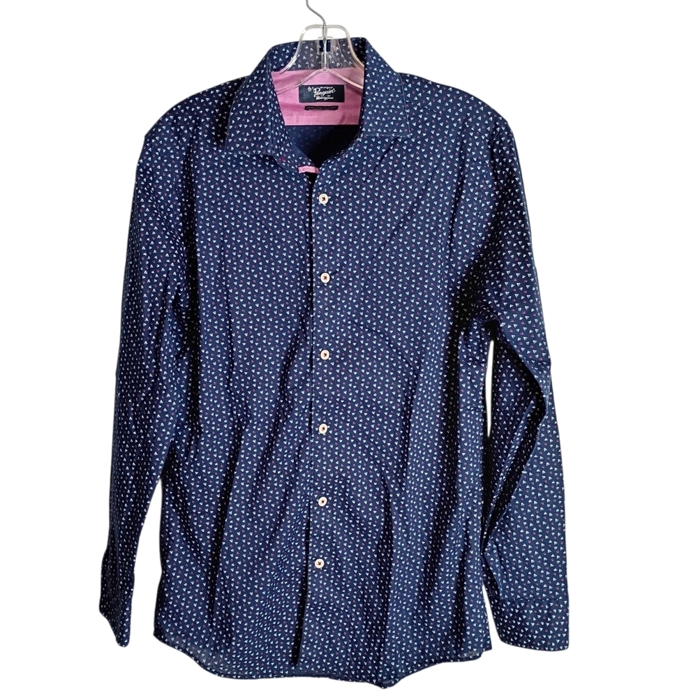 Penguin - Navy Blue Patterned Men's Slim Fit Shirt - Size14 1/2